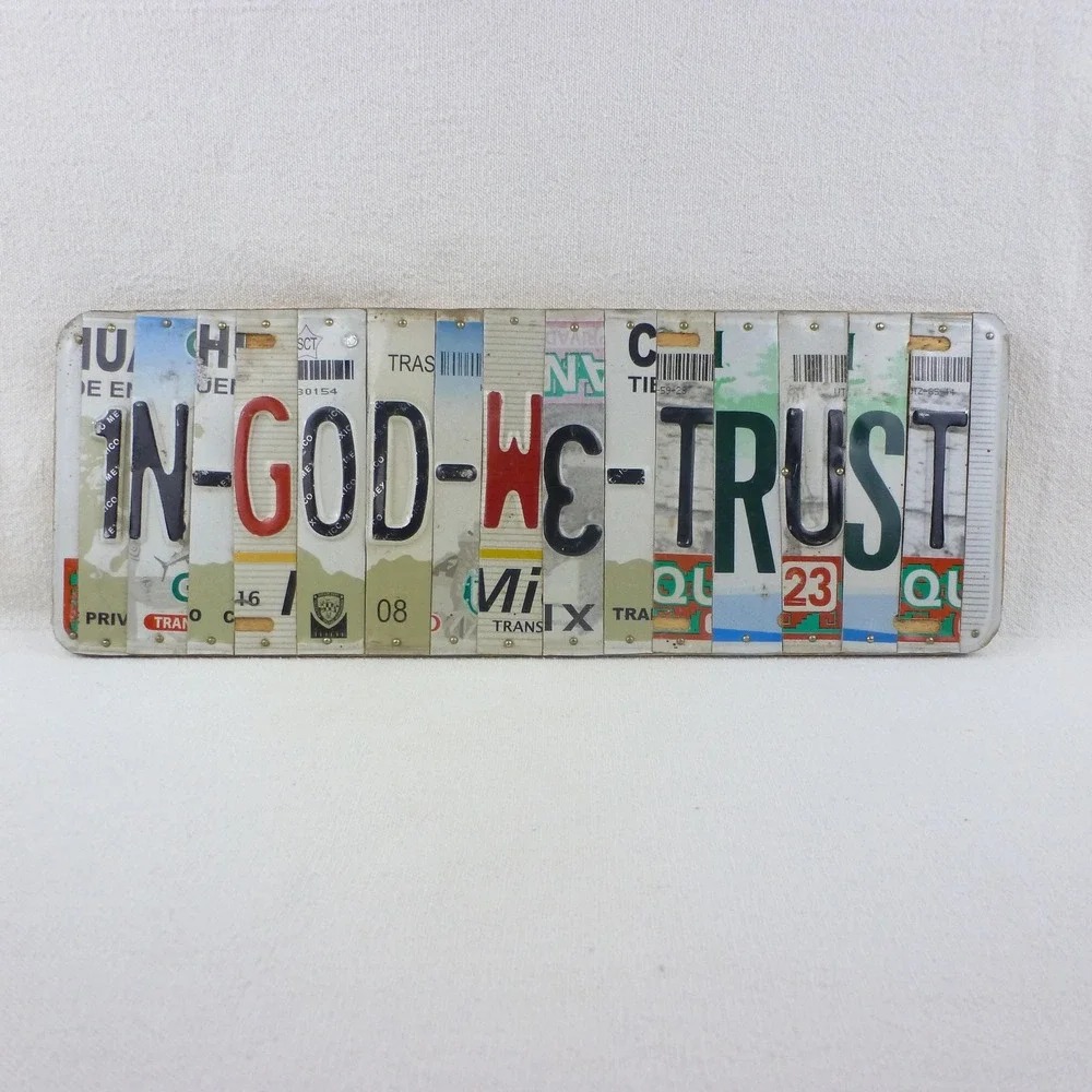 In God We Trust Recycled License Plate Art Wood‎ Mounted Wall Decor 16.5x5.5